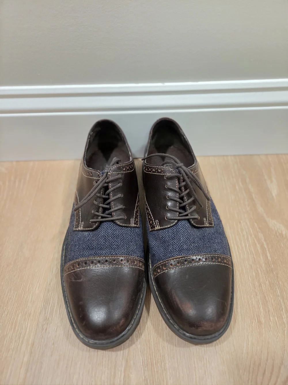 G.H. Bass & Co. Brown Leather and Navy Fabric Wingtip Oxfords